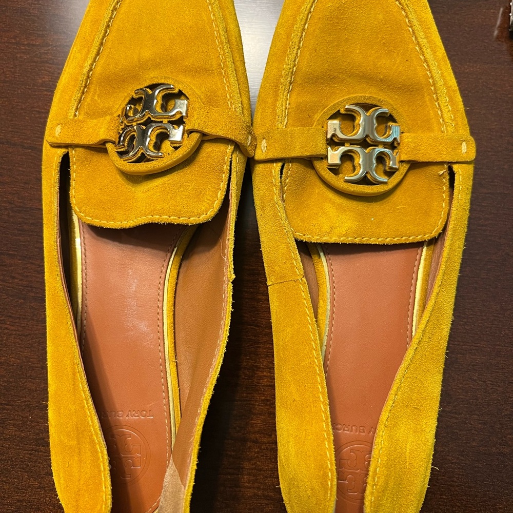 Tory Burch Suede Yellow Flats with Metallic Logo Accent